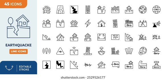 Conjunto de ícones editáveis da linha do terremoto. Desastres naturais, destruição, segurança contra terremotos, etc