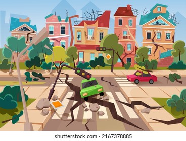 Earthquake accident in city vector illustration. Cartoon natural disaster destroying buildings, roads and cars, apocalyptic cityscape with abandoned ruins of broken houses and constructions background