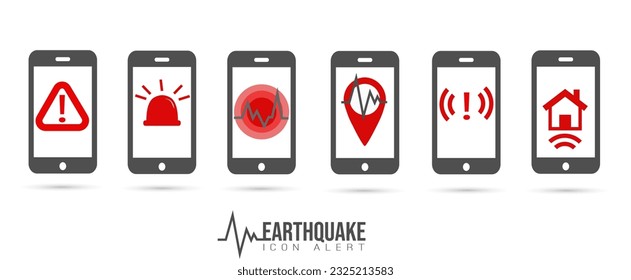 Iconos de alerta de terremoto. Conjunto de símbolos, teléfonos celulares con señal de advertencia. 