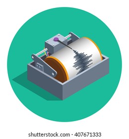 Earthquake Analog Seismograph Isolated In Circle Flat Color Vector Illustration, Isometric Style Flat Seismometer Recording Tool Icon