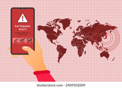 Alerta de aplicación para terremotos por teléfono con guía de seguridad. Marca de ubicación del epicentro de pulsación y mapa del mundo. Ilustración vectorial.