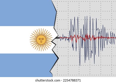 Terremoto en Argentina, idea de pancarta de noticias sobre desastres naturales, temblor en Argentina, ola sísmica con bandera, diseño vectorial, sismógrafo o sismómetro, concepto de vibración por terremotos