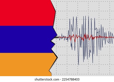 Earthquake in Armenia, natural disasters news banner idea, quake in Armenia, seismic wave with flag, vector design, seismograph or seismometer, earthquake vibration concept