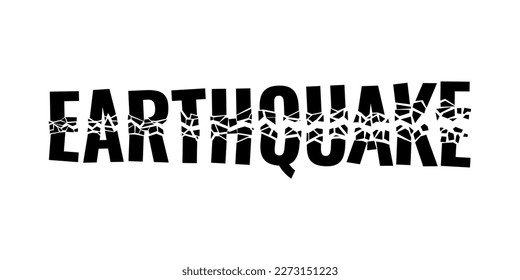 Earthquake broken word split fragments. Seismic ground vibration and damaged concrete destruction symbol. Black inscription with clefts and fissures. Destructed lettering with cracks. Vector eps sign