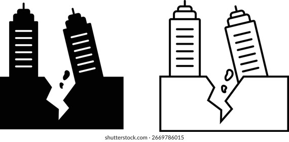 Conjunto de iconos de colapso de edificio de terremoto, sólido negro y Vector de contorno de rascacielos dañados, suelo agrietado, efecto de temblor, desastre sísmico, destrucción, alerta de emergencia y símbolo de conciencia de seguridad