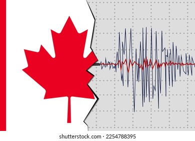 Earthquake in Canada, natural disasters news banner idea, quake in Canada, seismic wave with flag, vector design, seismograph or seismometer, earthquake vibration concept