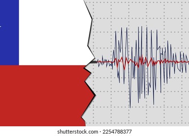 Terremoto en Chile, idea de pancarta de noticias sobre desastres naturales, sismo en Chile, ola sísmica con bandera, diseño vectorial, sismógrafo o sismómetro, concepto de vibración por terremotos