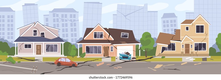 Earthquake city panorama vector illustration. Damaged house, cars and holes in ground. Destruction cityscape with cracks and damages on buildings. Destroyed town landscape after quake or disaster