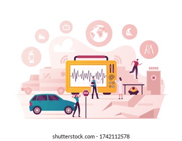 Earthquake Concept Characters Evacuating from Crashing Buildings, Hiding under Table, Scientists Learn Richter Scale Seismic Activity Diagram with Shaking Intensity. Cartoon People Vector Illustration