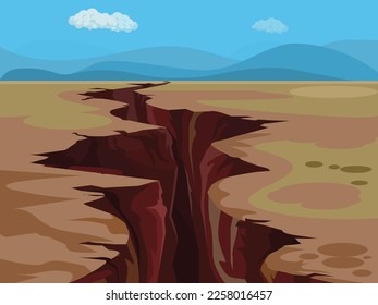 Earthquake concept. Natural disaster, giant crack on the ground. Catastrophe, destruction, natural cataclysm.