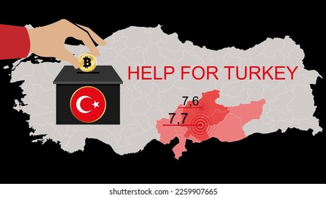 Earthquake concept on Turkey map. Donation for earthquake, help for Turkey.