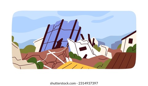 Earthquake consequence. Destroyed ruined buildings. Shattered smashed crashed city landscape, destruction after natural disaster. Cityscape, cataclysm, catastrophe aftermath. Flat vector illustration