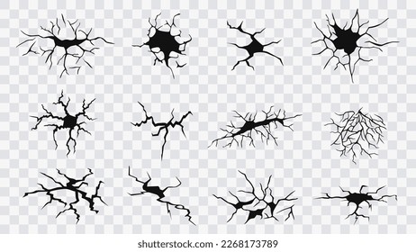 Earthquake crack. Ground cracks, aging or dried ground effects, earth environment danger damage cracks, land destruction. Isolated vector illustration icons set