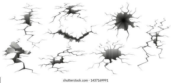 Earthquake crack. Ruined wall, hole in ground and destruction cracks. Ground or walls crack effect, earth cracking or destruction holes. Isolated vector illustration signs set