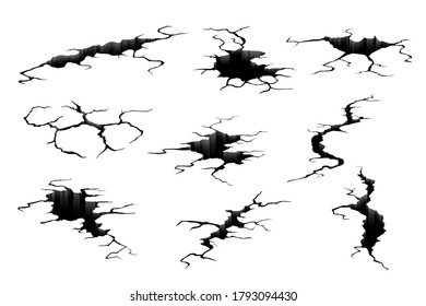 Earthquake crack set. Hole damaged effect, ground cracks and cracked surface. Fissures and holes in the ground. Realistic isolated 3D design elements on white background. Vector illustrations, EPS10.