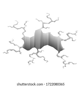 Earthquake cracks. Hole effect and cracked surface. Hole in ground with cracking and earth destruction cracks isolated vector cartoon. Vector illustration