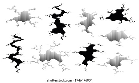 Terremoto se resquebraja. Agujero en el suelo con grietas de craqueo y destrucción de la tierra, caricatura vectorial aislada. Superficie de roturas de daño aislada en blanco
