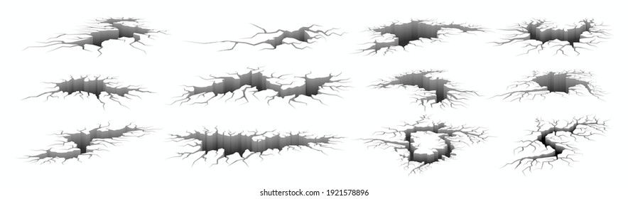 Earthquake cracks. Realistic 3D holes in ground, isolated damaged concrete effect, fracture texture templates set. White solid surface with dark clefts and fissures. Vector destructed wall or floor