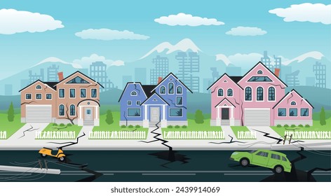 Erdbeben beschädigt Stadtstraße mit gebrochener Erde und beherbergt isometrische Vektor-Illustration. Naturkatastrophe Stadtzerstörung Stadtbild Bezirk mit kaputten Skyline Gebäude Hütte und Auto