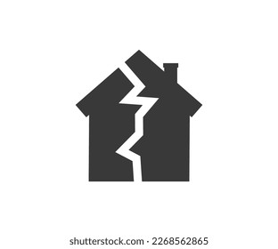 El diseño del logo de la casa dañado por el terremoto. Casa del terremoto. Hogares y desechos dañados durante el diseño e ilustración de los vectores de terremotos.

