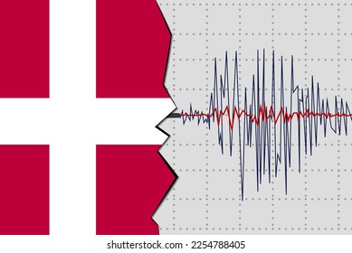 Terremoto en Dinamarca, idea de pancarta de noticias sobre desastres naturales, sismo en Dinamarca, ola sísmica con bandera, diseño vectorial, sismógrafo o sismómetro, concepto de vibración por terremotos