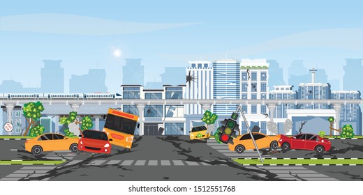 The earthquake destroyed building and street, Damaged city street. Cataclysm damages road destruction and destroyed urban crossroad. War disaster or car destroy earthquake.vector illustration.