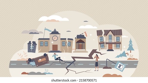 Earthquake destruction and city after nature disaster tiny person concept. Damaged houses, ruined street and cracked road vector illustration. Survival victims after emergency accident or cataclysm.