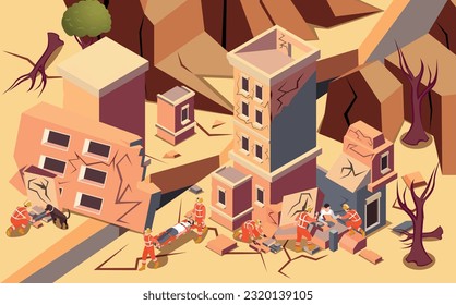 Earthquake disaster background with destruction and emergency symbols isometric vector illustration