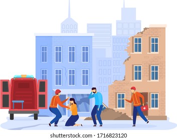 Earthquake disaster in city, emergency rescue people from destroyed houses, vector illustration. Victims of natural cataclysm, first aid team help evacuate citizens. Catastrophe damage, ruined town