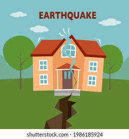 Earthquake disaster concept vector illustration. Ground crevice and house crack in flat design.