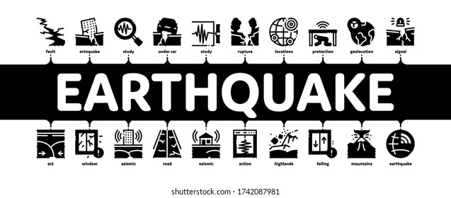 Earthquake Disaster Minimal Infographic Web Banner Vector. Building And Road Destruction, Stone Collapse And Earthquake Catastrophe Illustration