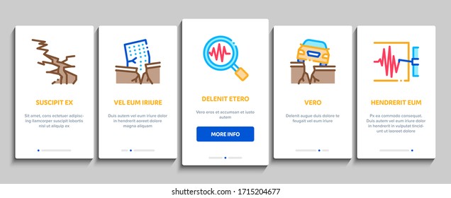 Earthquake Disaster Onboarding Mobile App Page Screen Vector. Building And Road Destruction, Stone Collapse And Earthquake Catastrophe Color Contour Illustrations
