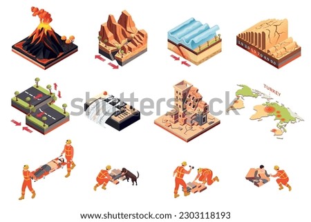 Earthquake disaster set with volcanic eruption and tsunami symbols isometric isolated vector illustration