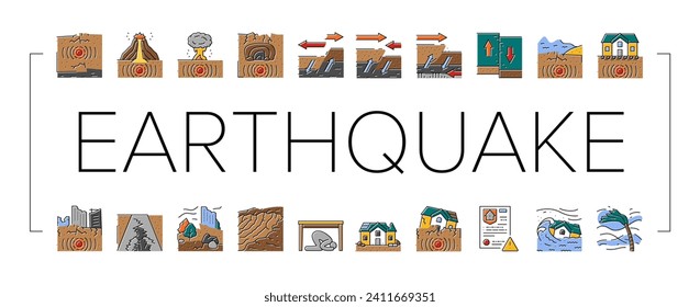 earthquake disaster wave crack icons set vector. building house, ground destruction, damage city, nature, home earth, natural urban earthquake disaster wave crack color line illustrations