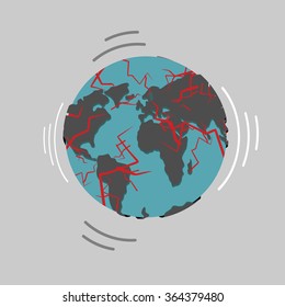 Earthquake. Earth destruction. Disaster fracture of Earths crust. demolition world. Continents of planet cracks. Red magma in planets surface. Shattered globe. Apocalypse and ruination on peace map.

