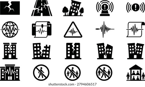 Earthquake emergency icon set, editable vector clipart, isolated, black silhouettes, seismic damage, alert symbols, shelter, global monitoring