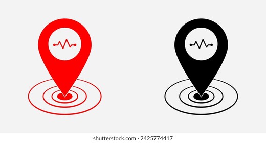 Erdbeben-Epizentrum-Standortkoordinatensymbol gesetzt. Seismische Aktivität isoliert auf weißem Hintergrund. GPS-Navigationselement. Seismische Aktivität bei Katastrophen. Erdbeben Epizentrum Illustration auf rot und schwarz