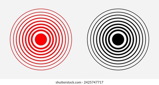 Conjunto de iconos de vector epicentro del terremoto. Ilustración de sismología, Actividad sísmica en el desastre. Ilustración de la onda de hipnosis en rojo y negro Versión. Efecto de sonido