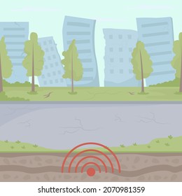 Earthquake event in city flat color vector illustration. Urban seismic hazard. Ground surface deformation. Extremely dangerous situation 2D cartoon cityscape with shaking buildings on background