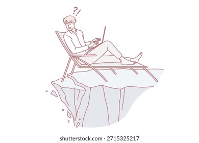 Terremoto y sentir pánico concepto. Hombre de negocios joven que se sienta en la silla con el ordenador portátil y que mira el abismo de la Ilustración vectorial repentina del terremoto del peligro