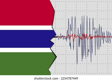 Earthquake in Gambia, natural disasters news banner idea, quake in Gambia, seismic wave with flag, vector design, seismograph or seismometer, earthquake vibration concept