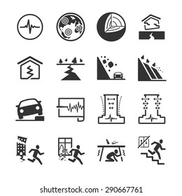 Earthquake And Geology Icon Set. Included The Icons As Landslide, Disaster, Emergency, Urgent, Evacuate, Rescue And More.