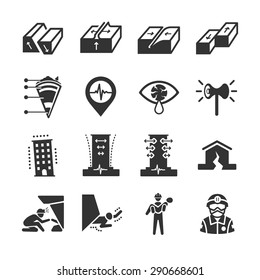 Earthquake And Geology Icon Set. Included The Icons As Land Slide, Disaster, Emergency, Warning, Victim, Rescue And More.