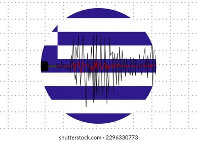 concepto de terremoto en Grecia, ola sísmica con bandera, idea de banner de noticias sobre desastres naturales, terremoto en Grecia, diseño vectorial, sismógrafo o sismómetro, vibración por terremotos