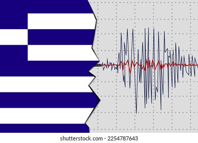 Earthquake in Greece, natural disasters news banner idea, quake in Greece, seismic wave with flag, vector design, seismograph or seismometer, earthquake vibration concept