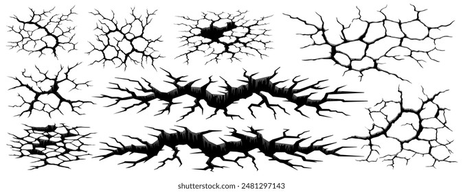 Earthquake ground cracks and holes or earth splits and wall break effects, vector background. Cracks on ground or concrete with fracture crash texture, earthquake earth land surface with destruction