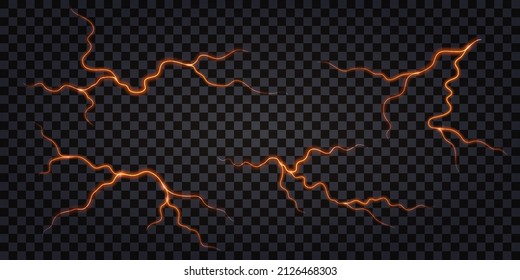 Earthquake ground cracks with molten lava fire lines, hot magma breaks and swirls. Liquid volcano lava cracks top view isolated on transparent background. Vector illustration