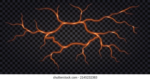 Earthquake ground cracks with molten lava fire lines, hot magma breaks and swirls. Liquid volcano lava cracks top view isolated on transparent background. Vector illustration