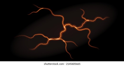 Earthquake ground cracks with molten lava fire lines, hot magma breaks and swirls. Liquid volcano lava cracks top view isolated on black background. Vector illustration