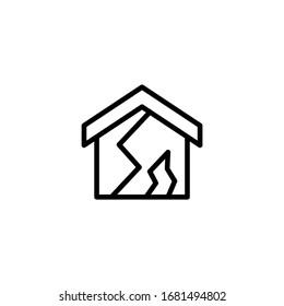 Earthquake and home vector icon in linear, outline icon isolated on white background